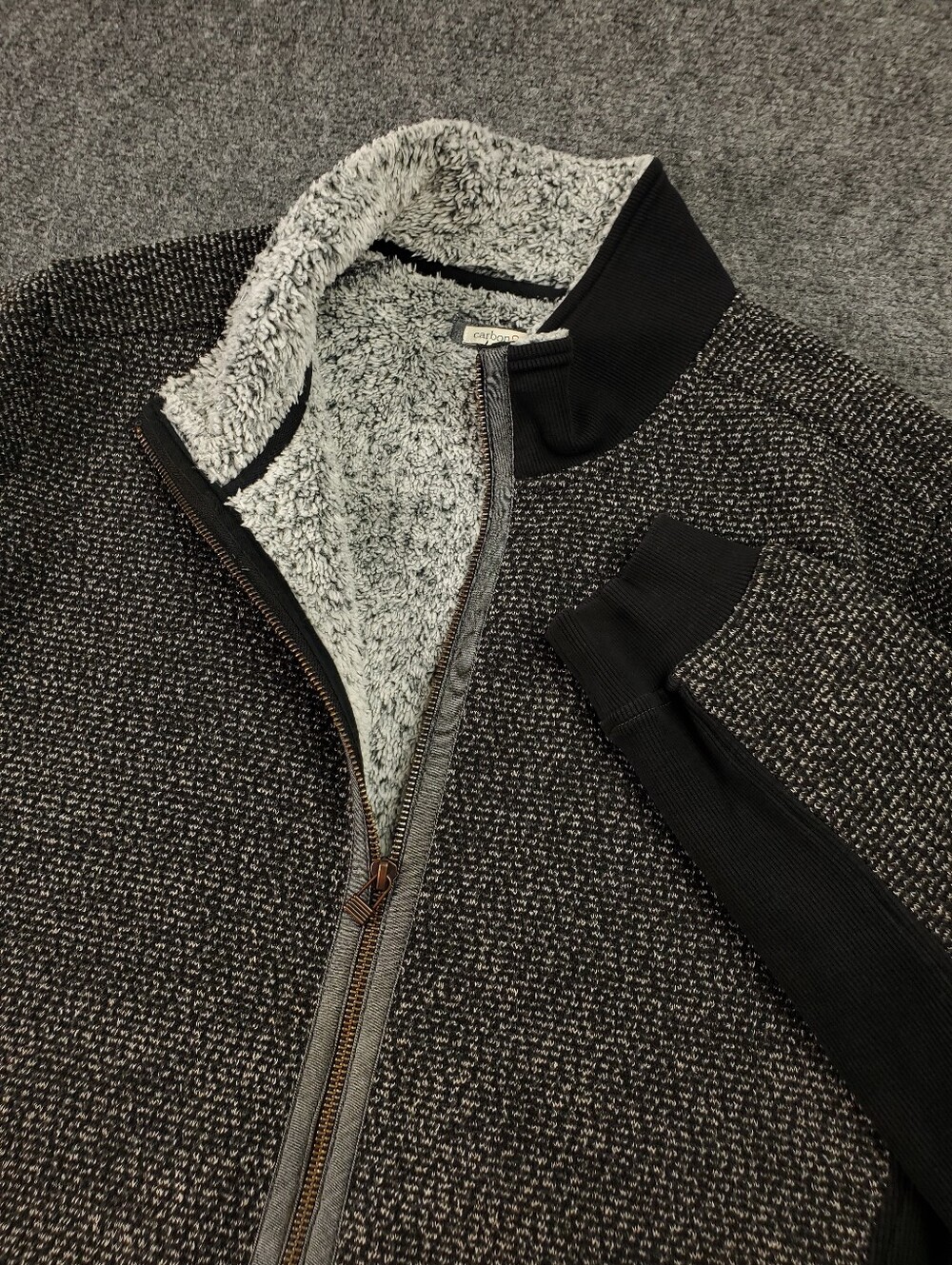 Carbon 2 Cobalt Sherpa Fleece Lined Full Zip Jacket Large Tweed Knit Black Gray